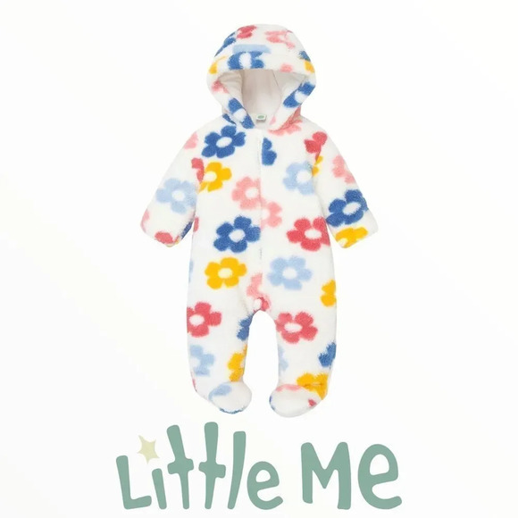 LITTLE ME | Cream | Fuzzy Flower Hooded Footie - Picture 1 of 6